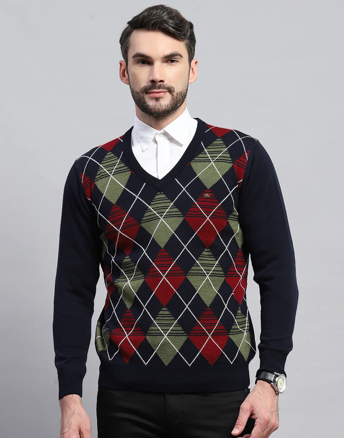 Men Navy Blue Geometric V Neck Full Sleeve Pullover - Image 2