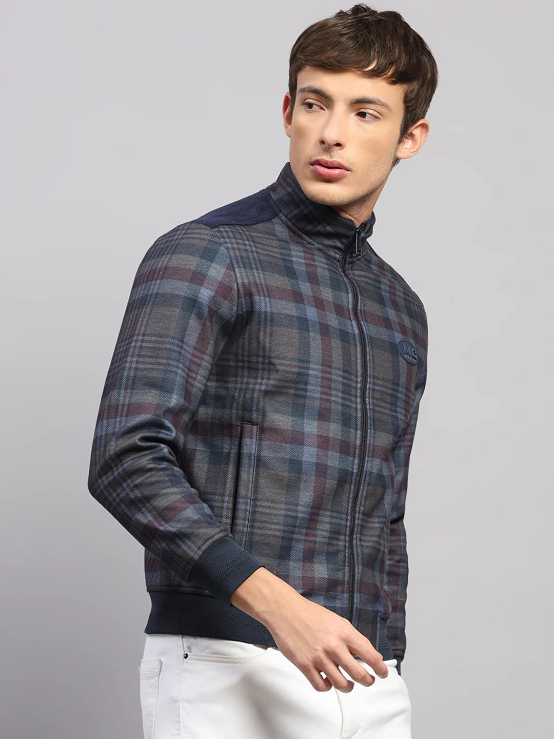 Men Navy Blue Jaquard Collar Full Sleeve Sweatshirt - Image 4