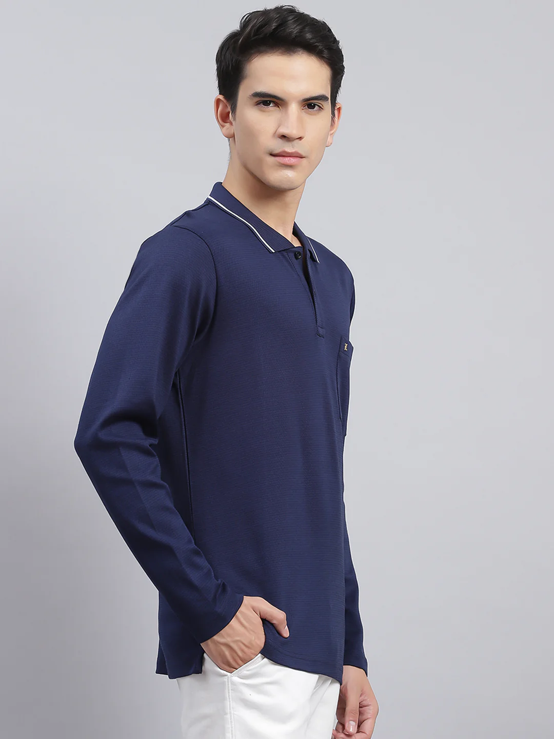 Men Navy Blue Jaquard Double Mercerized Cotton T-Shirt - Image 3