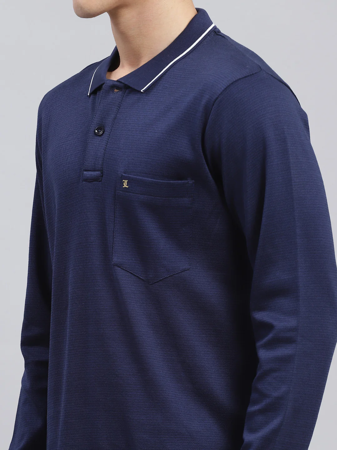 Men Navy Blue Jaquard Double Mercerized Cotton T-Shirt - Image 6