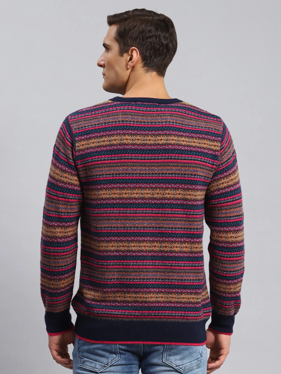 Men Navy Blue Jaquard Lamb wool Pullover - Image 5