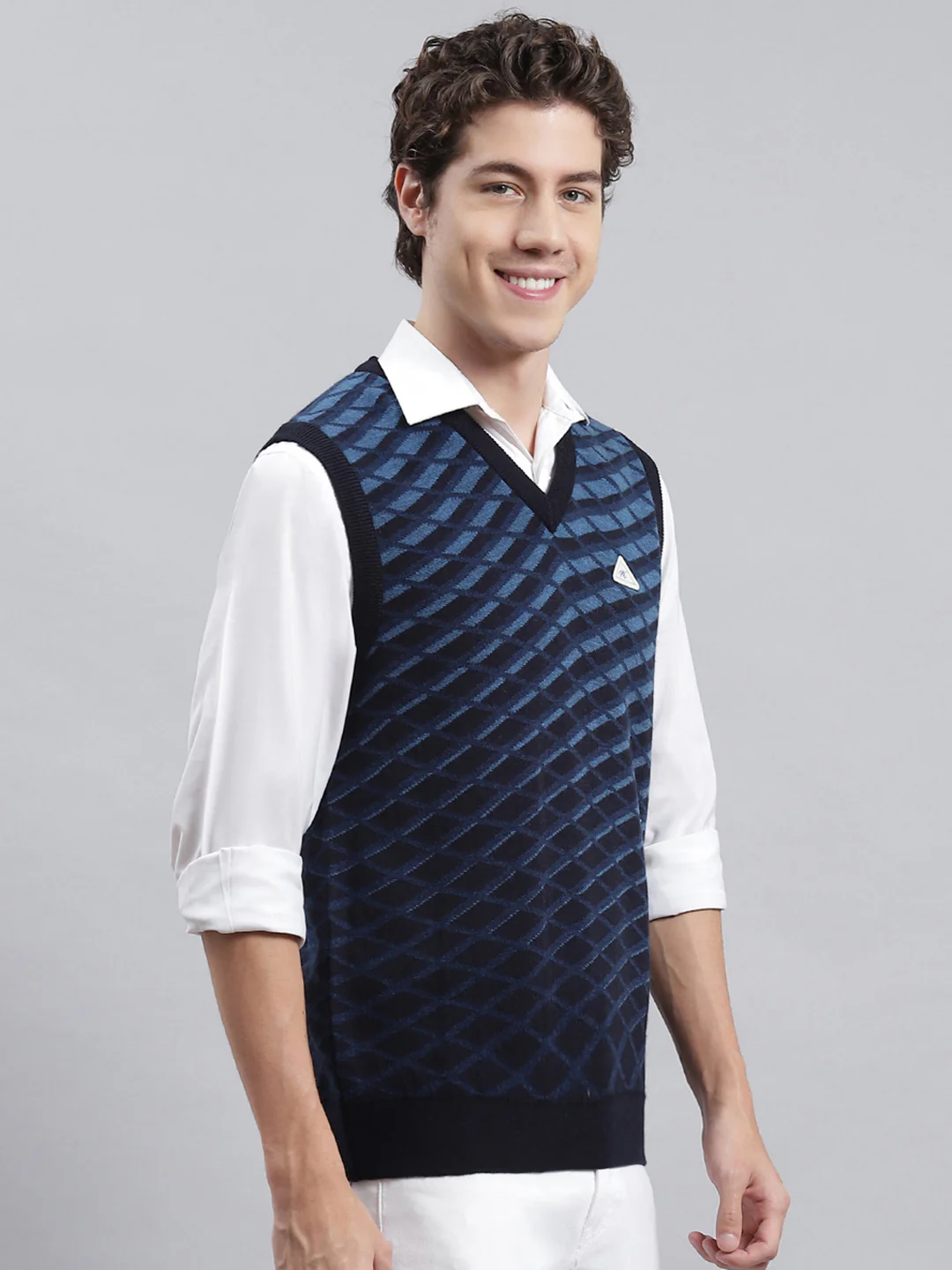 Men Navy Blue Jaquard Sweater - Image 2
