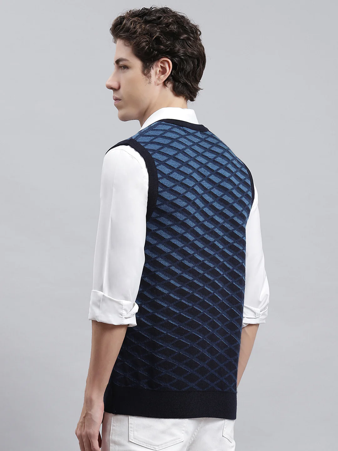 Men Navy Blue Jaquard Sweater - Image 4