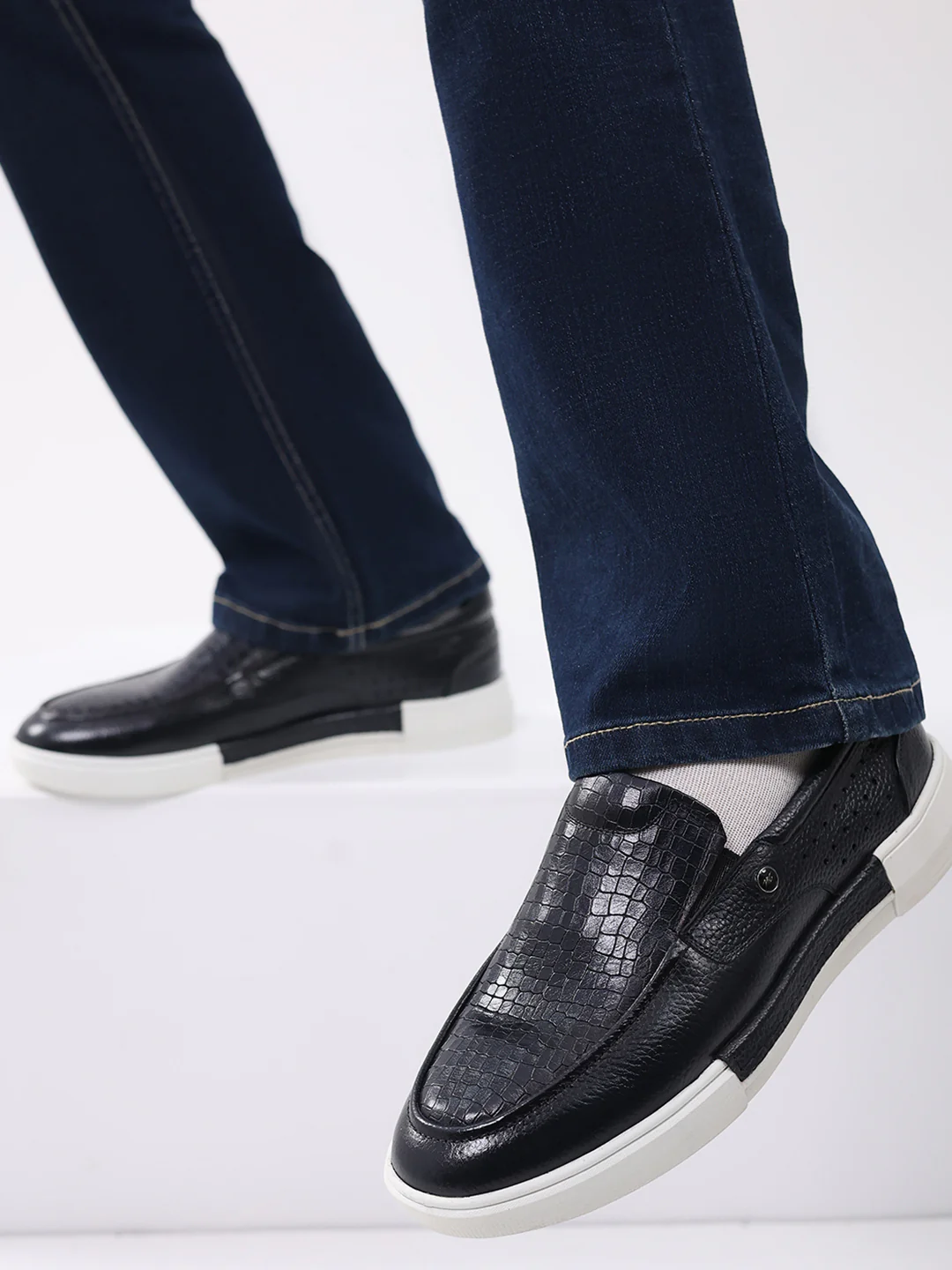 Monte Carlo Navy Blue Croc Print Leather Casual Slip on Shoes for Men - Image 10