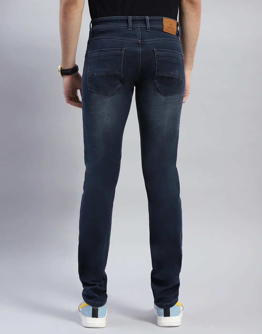 Men Navy Blue Light Wash Narrow Fit Denim - Image 5