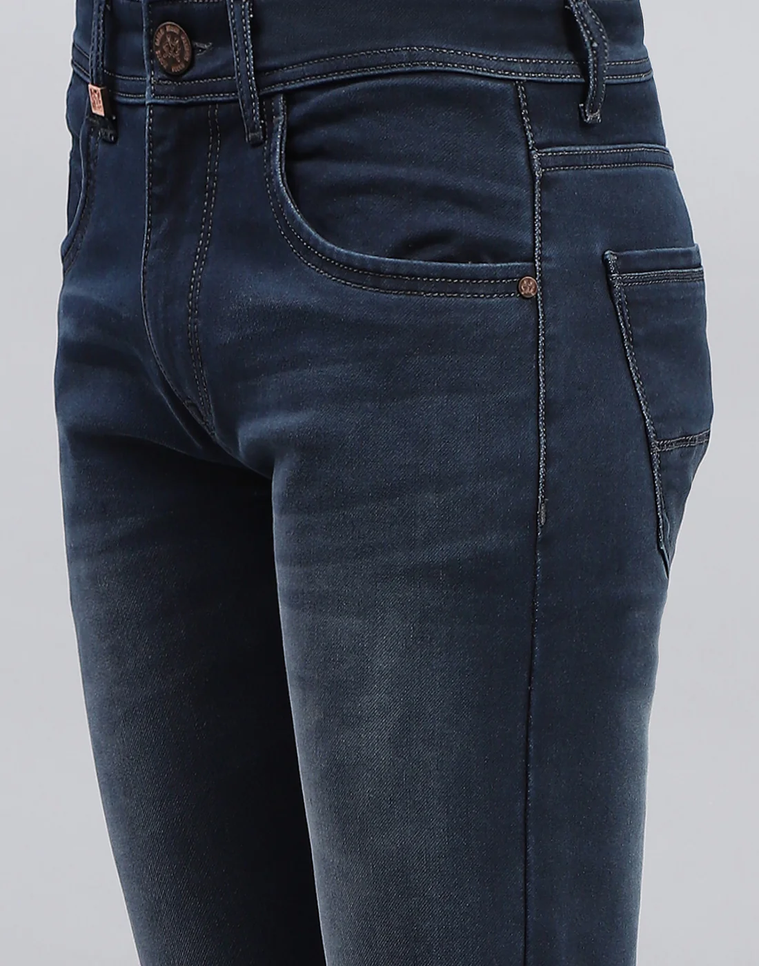 Men Navy Blue Light Wash Narrow Fit Denim - Image 6