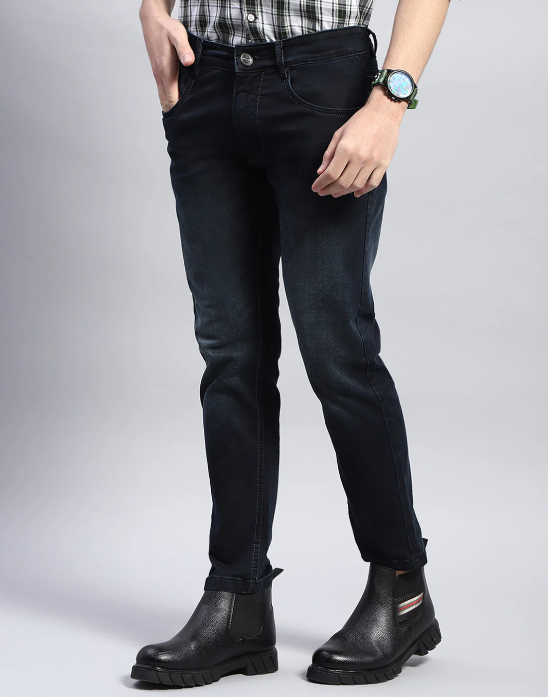 Men Navy Blue Light Wash Ankle Length Denim - Image 3