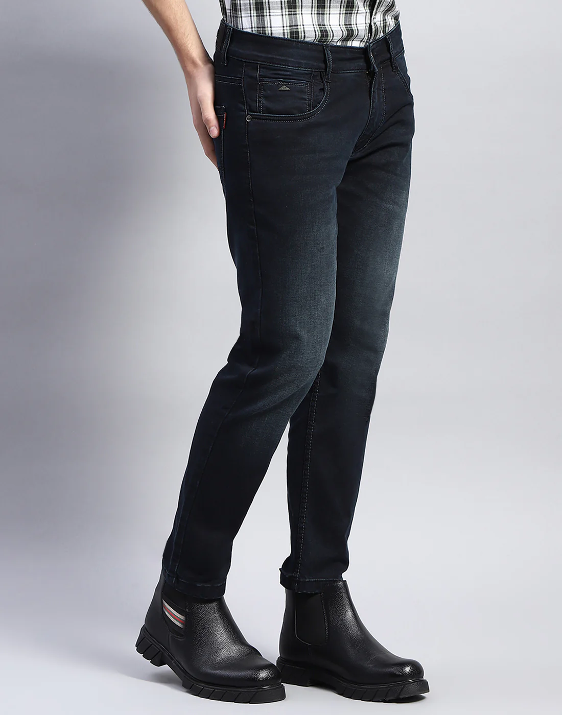 Men Navy Blue Light Wash Ankle Length Denim - Image 4