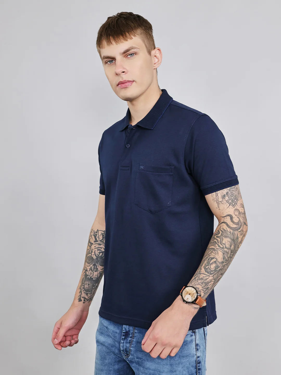 Men Navy Blue Plain Collar Half Sleeve T-Shirt - Image 2
