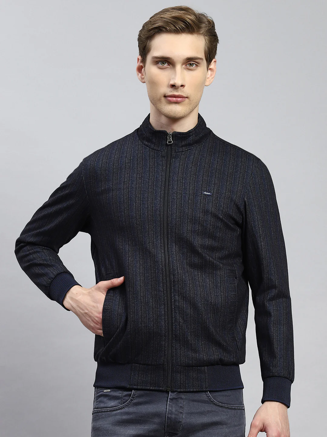 Men Navy Blue Plain Jacket - Image 2