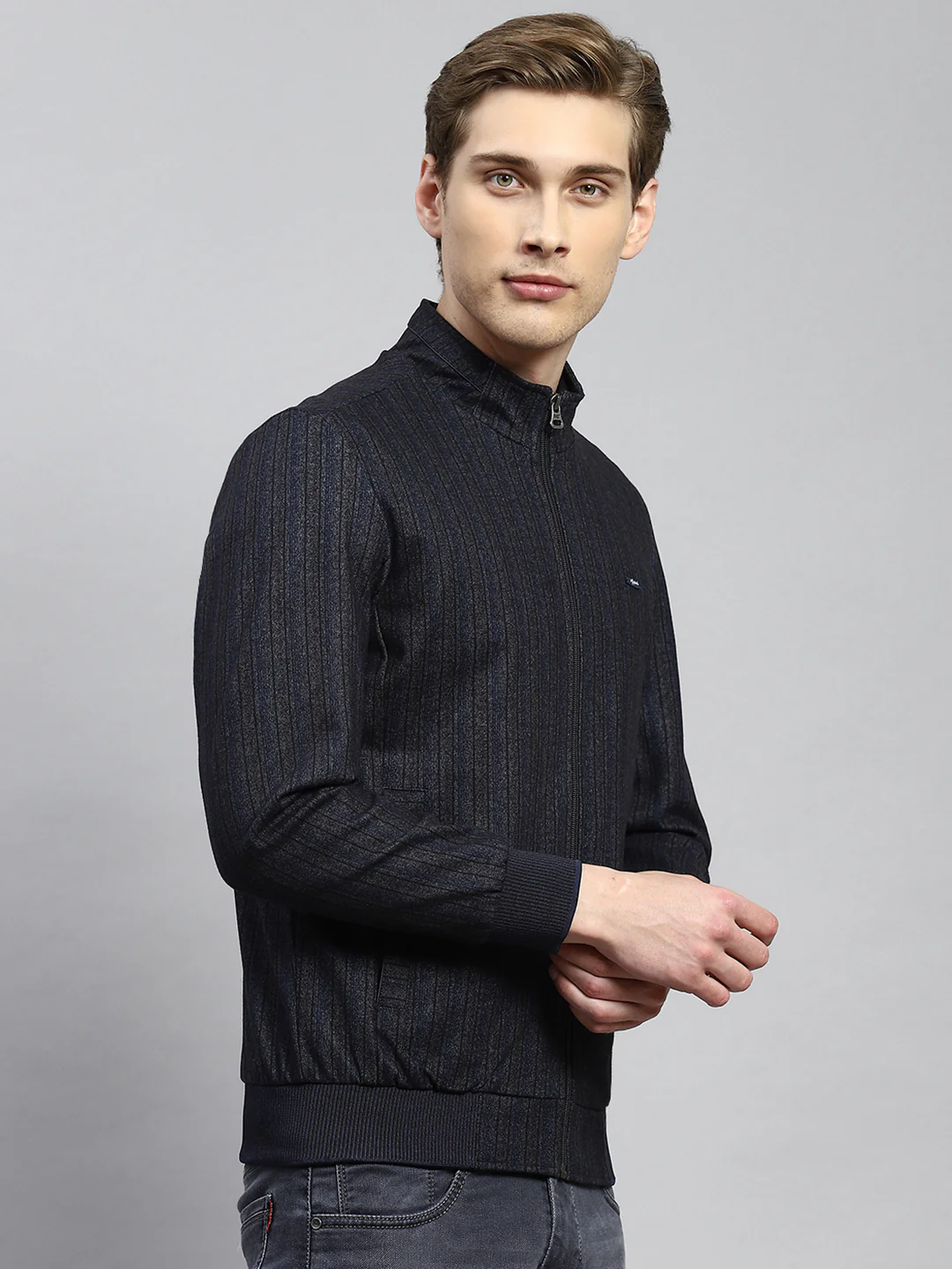 Men Navy Blue Plain Jacket - Image 3