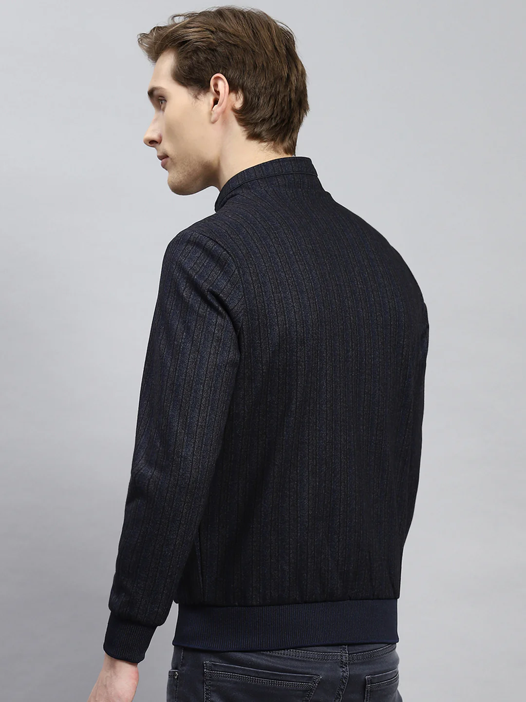 Men Navy Blue Plain Jacket - Image 5