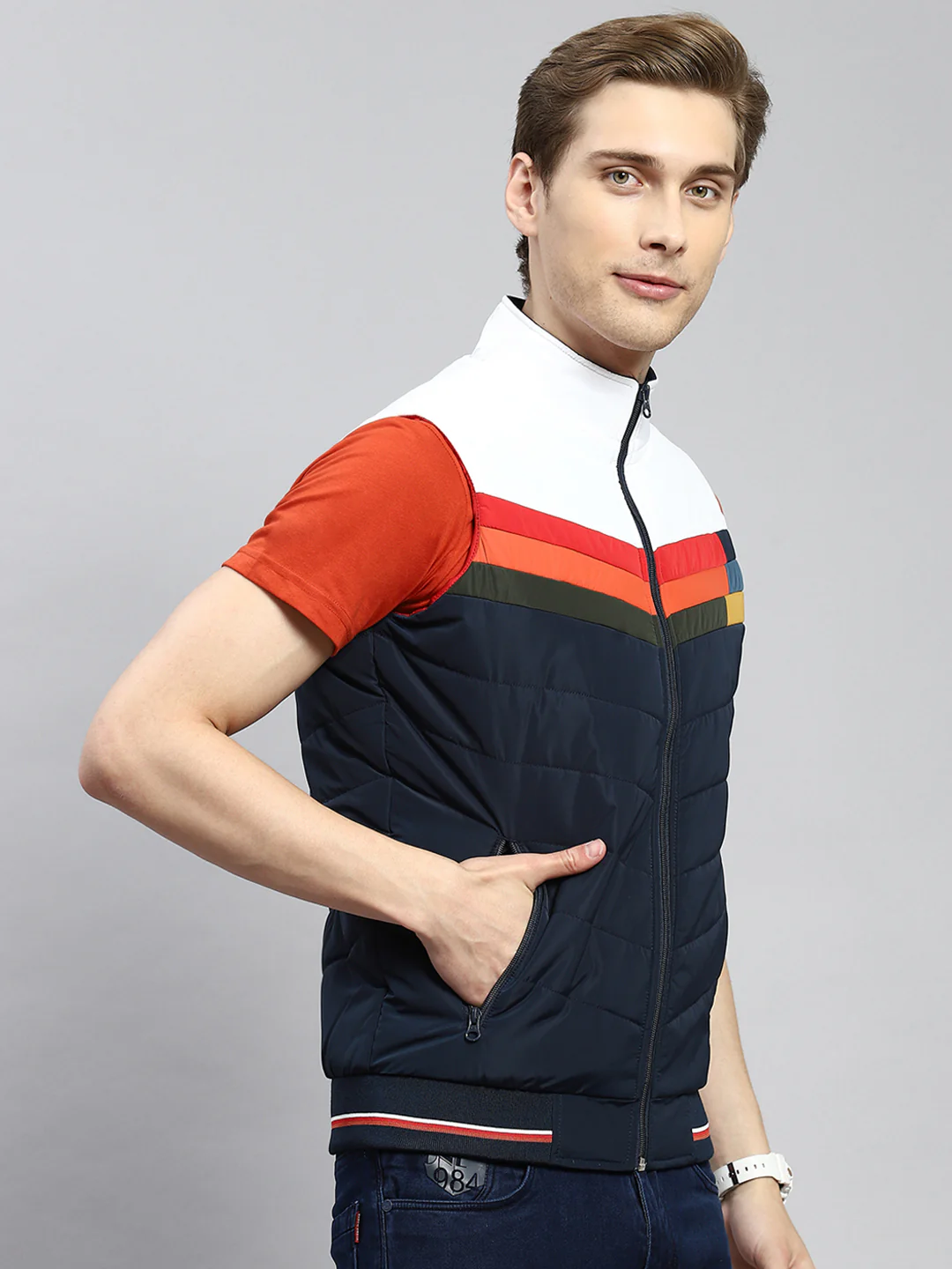 Men Navy Blue Plain Jacket - Image 3