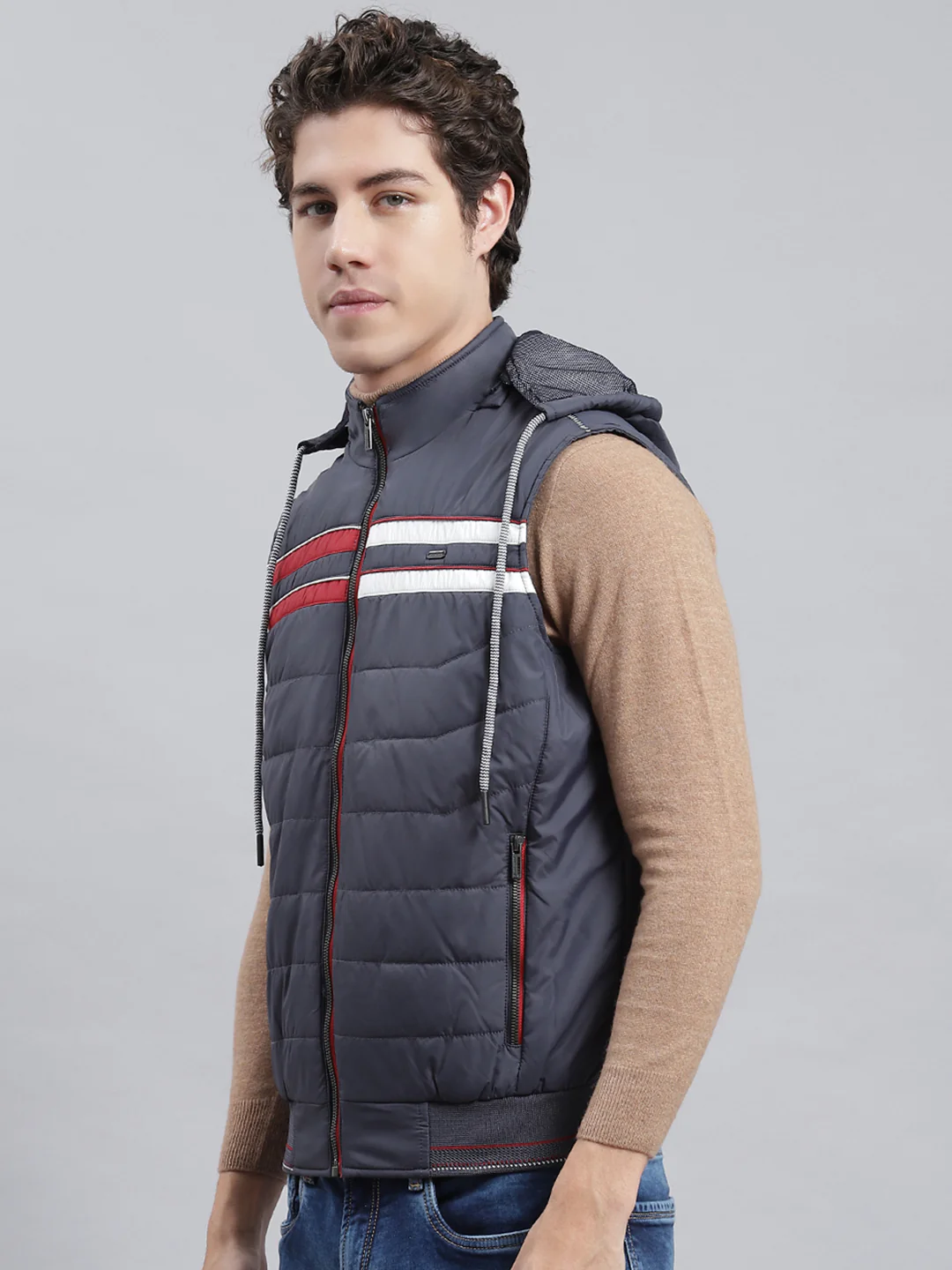 Men Navy Blue Plain Jacket - Image 4