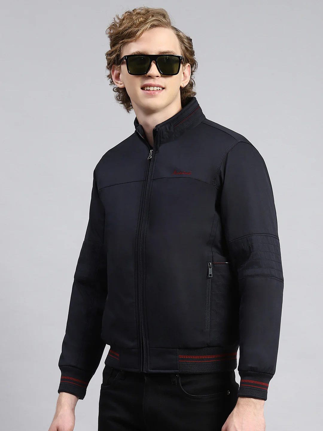 Men Navy Blue Plain Jacket - Image 4