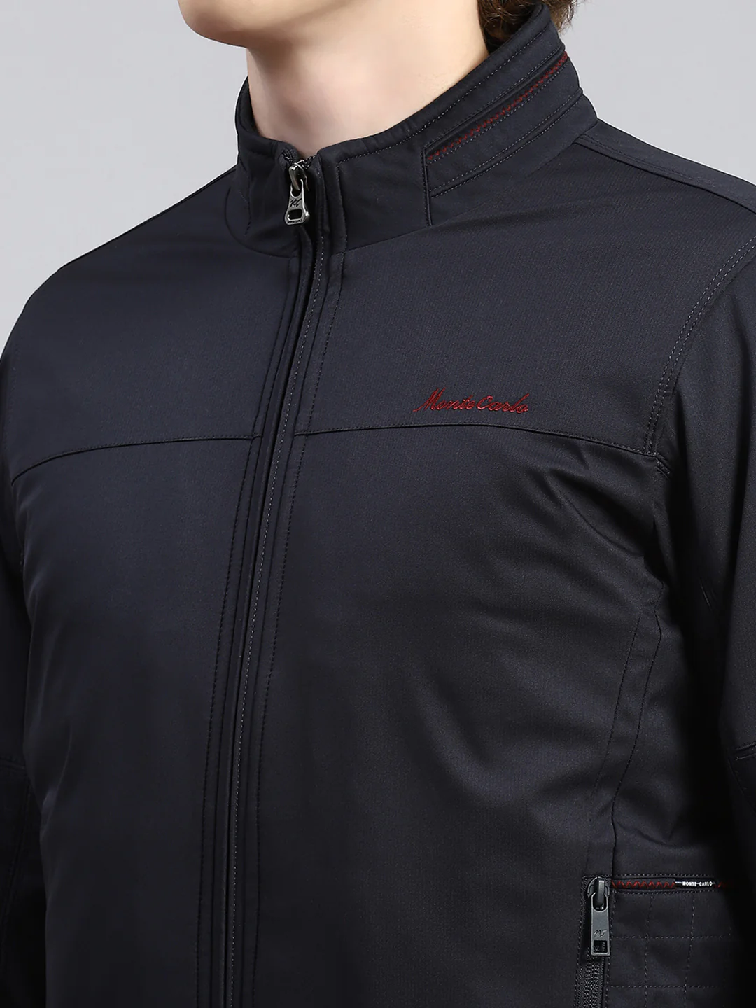 Men Navy Blue Plain Jacket - Image 6
