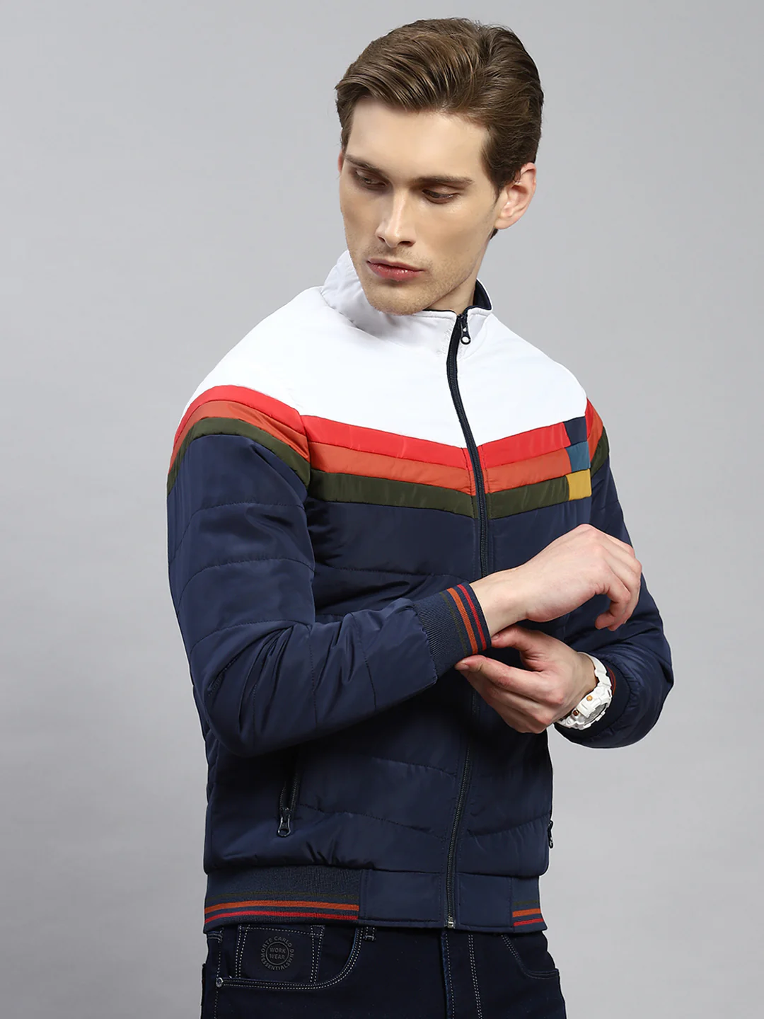 Men Navy Blue Plain Jacket - Image 3