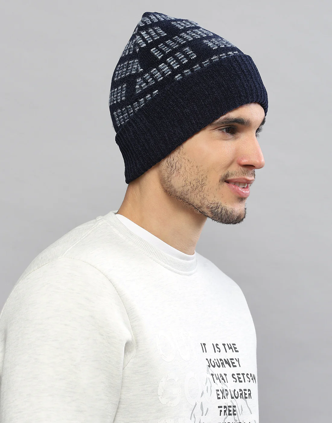 Men Navy Blue Printed Blend Wool Cap - Image 3