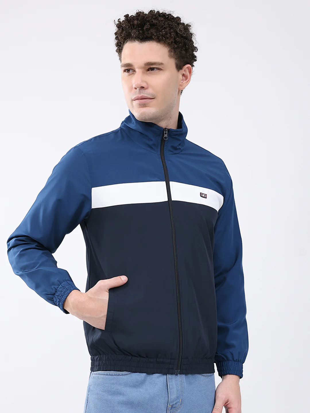 Men Navy Blue Printed Collar Full Sleeve Jacket - Image 4
