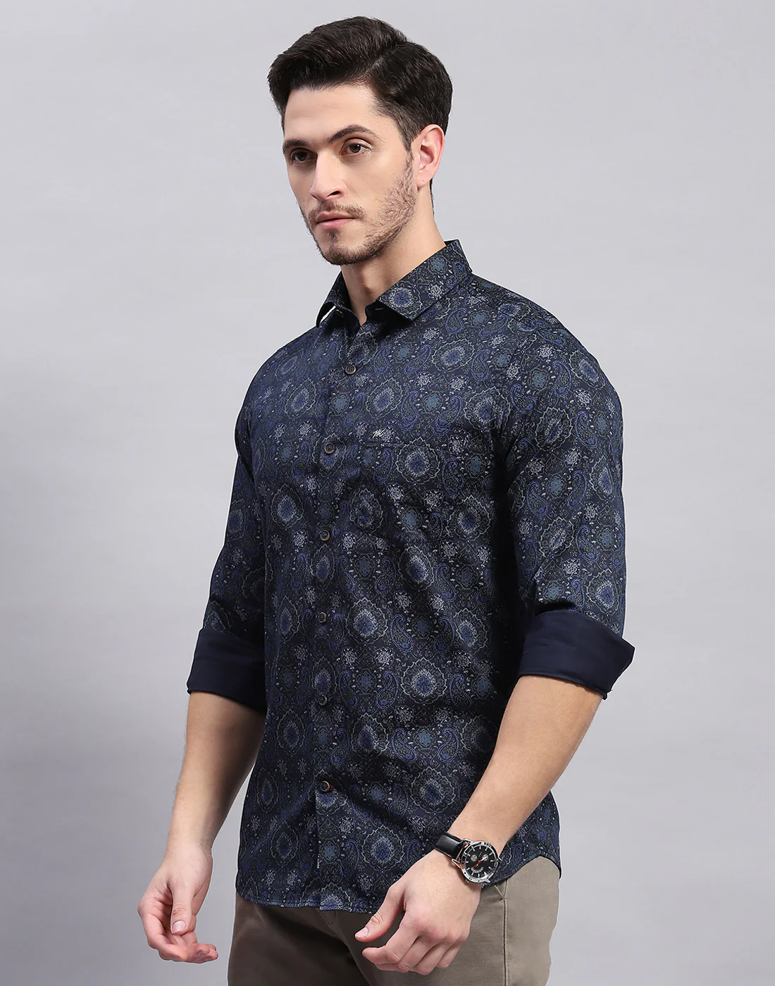 Men Navy Blue Printed Collar Full Sleeve Shirt - Image 3