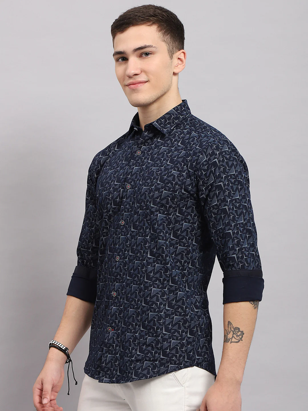 Men Navy Blue Printed Collar Full Sleeve Shirt - Image 3