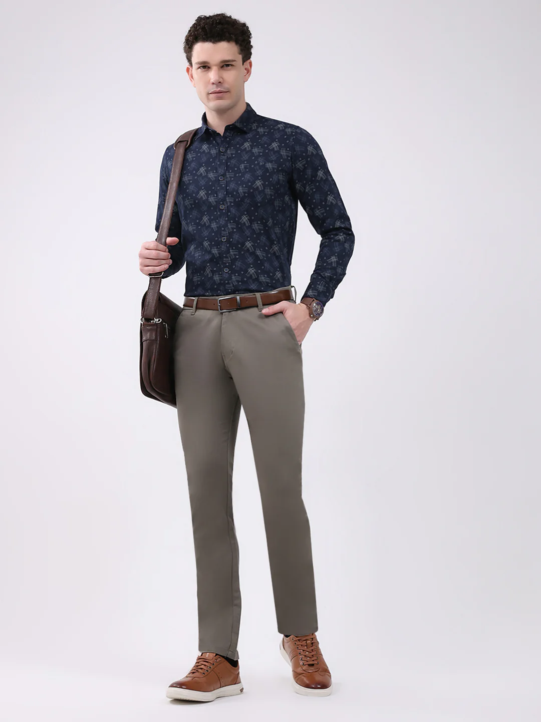 Men Navy Blue Printed Collar Full Sleeve Shirt - Image 2