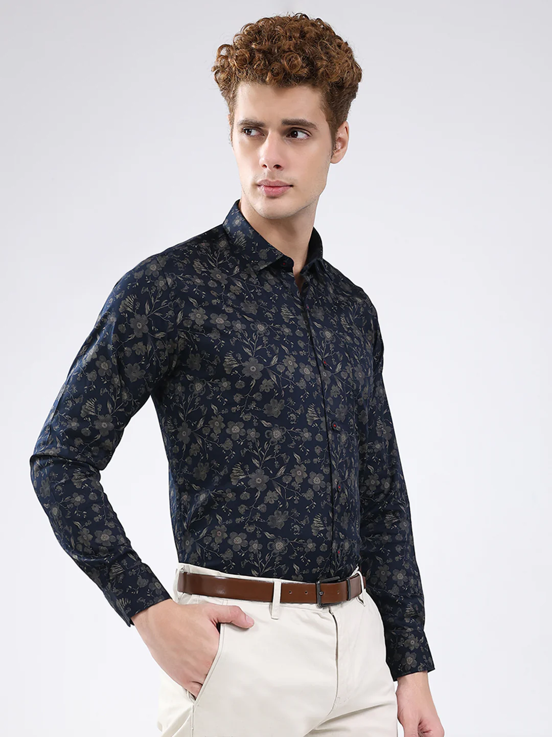 Men Navy Blue Printed Collar Full Sleeve Shirt - Image 4