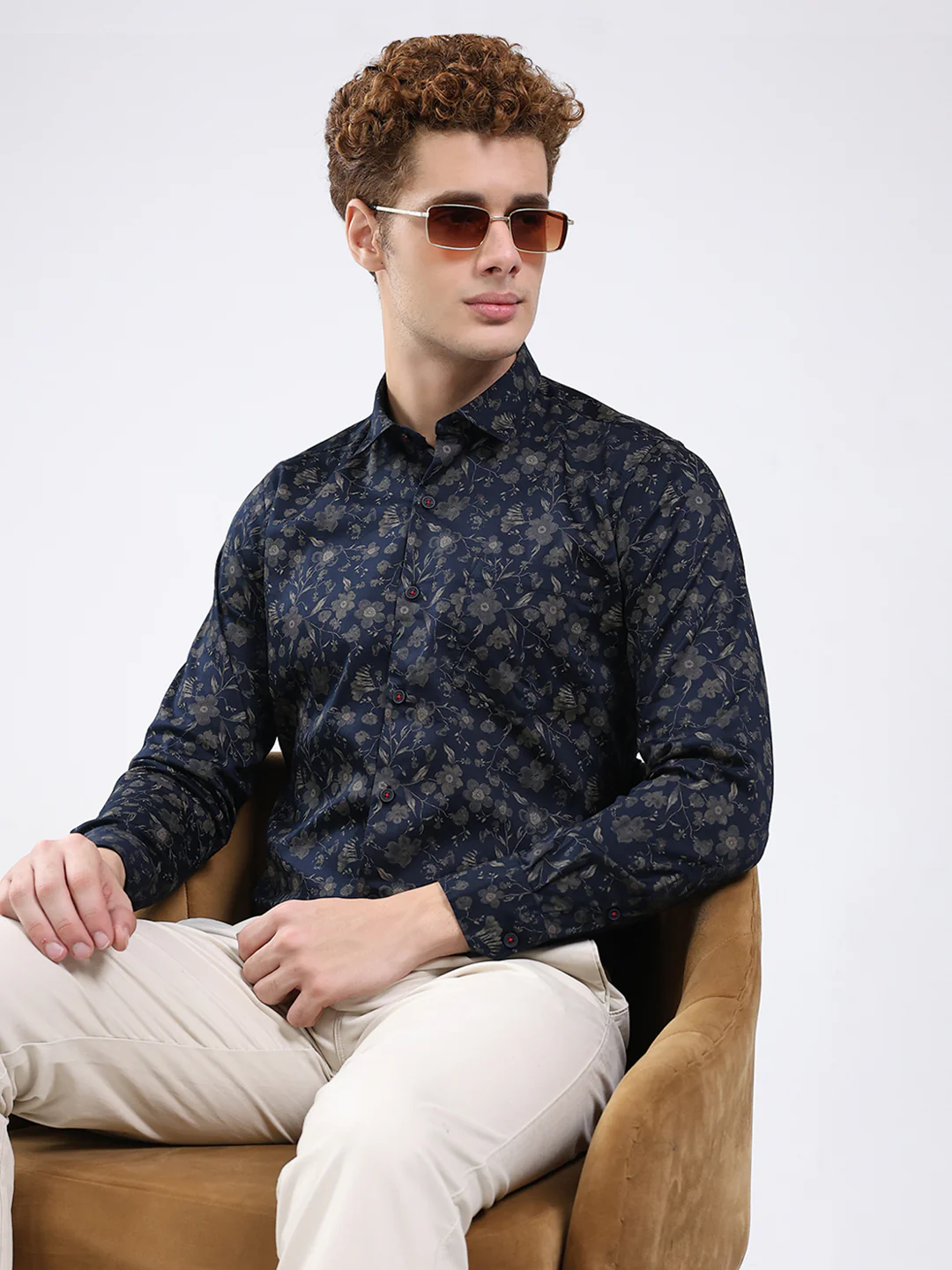 Men Navy Blue Printed Collar Full Sleeve Shirt - Image 6