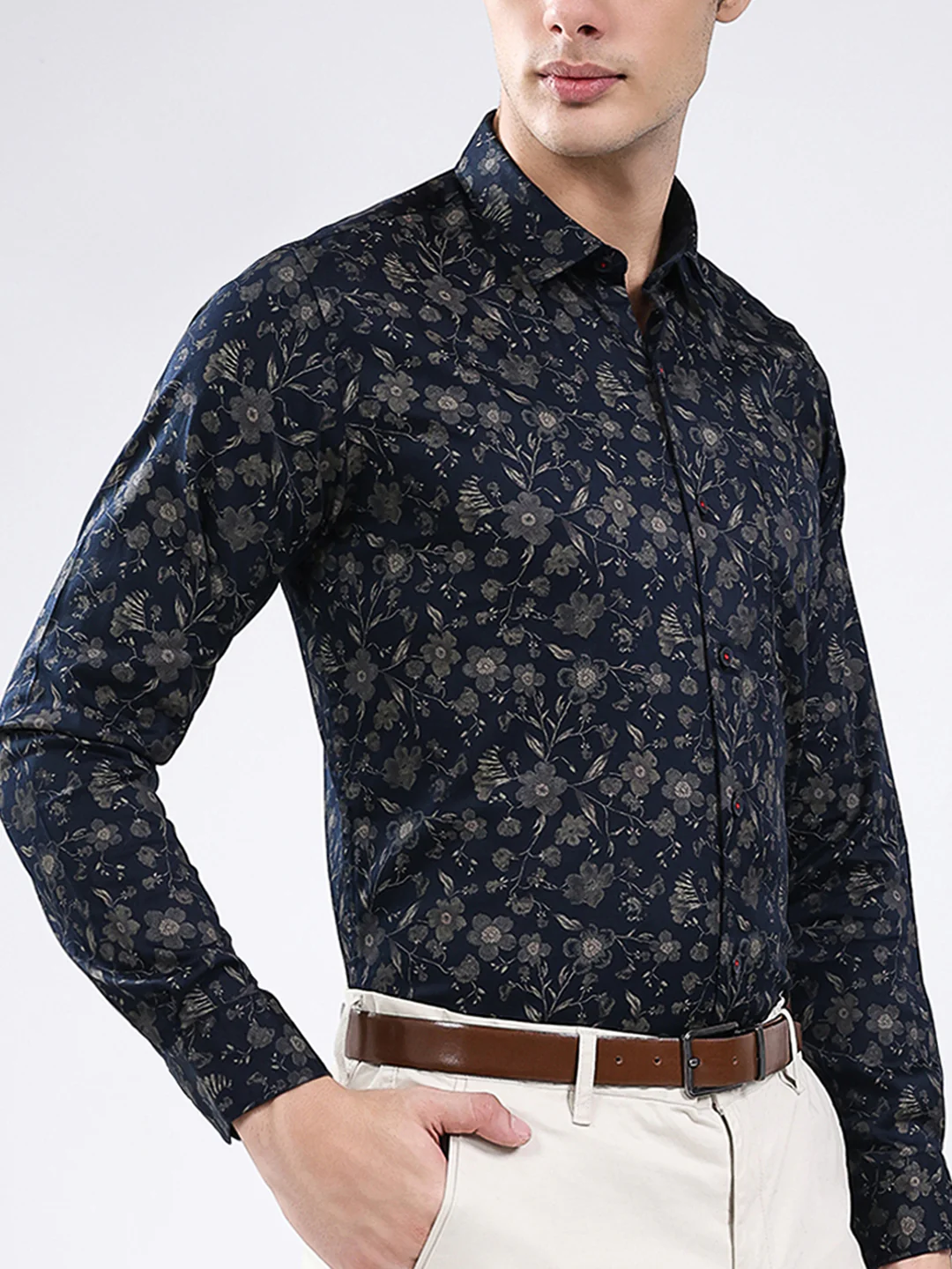 Men Navy Blue Printed Collar Full Sleeve Shirt - Image 7