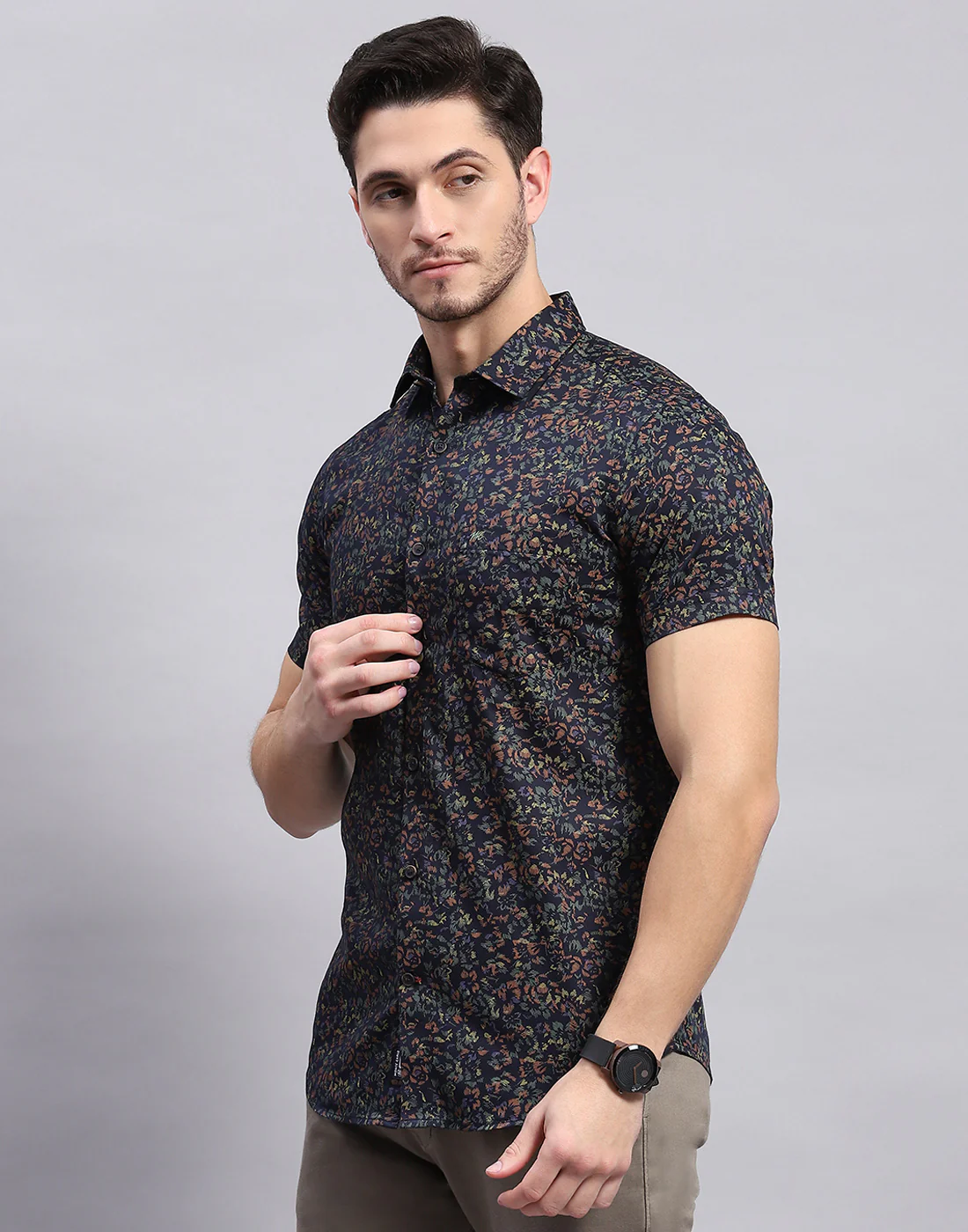 Men Navy Blue Printed Collar Half Sleeve Shirt - Image 3