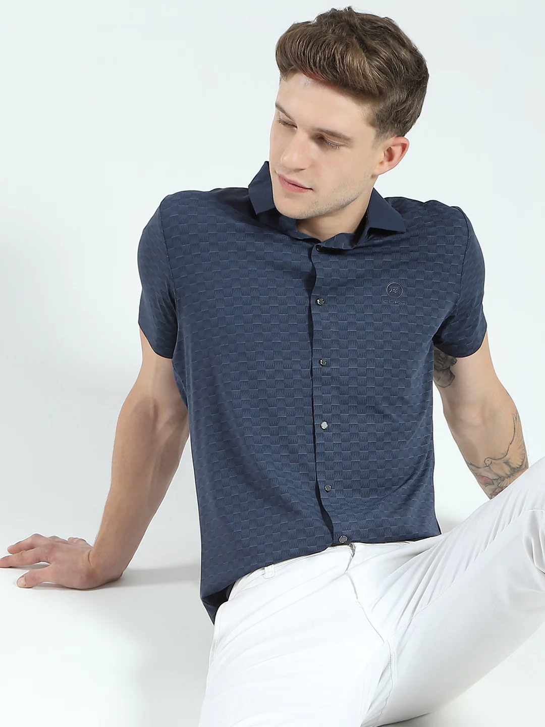 Men Navy Blue Printed Collar Half Sleeve Shirt - Image 6