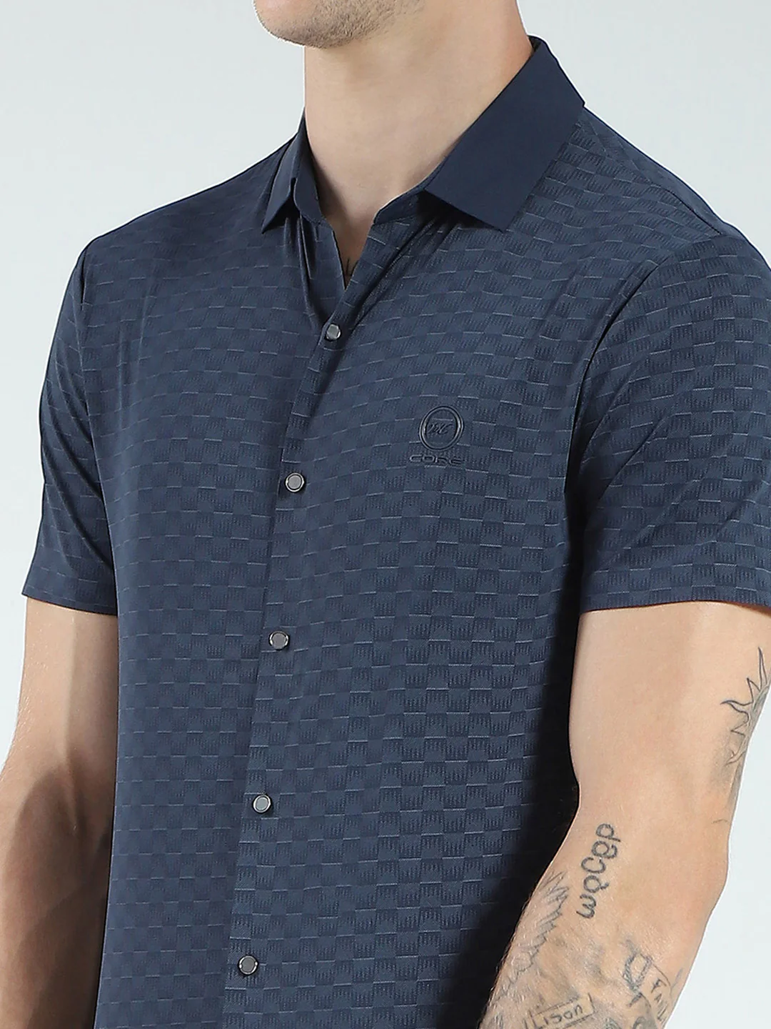 Men Navy Blue Printed Collar Half Sleeve Shirt - Image 7