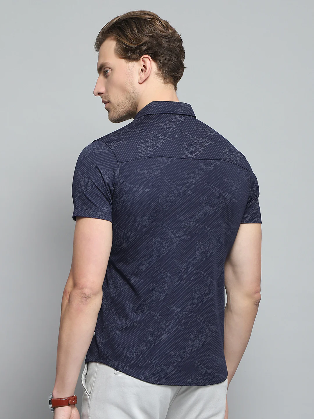 Men Navy Blue Printed Collar Half Sleeve Shirt - Image 5