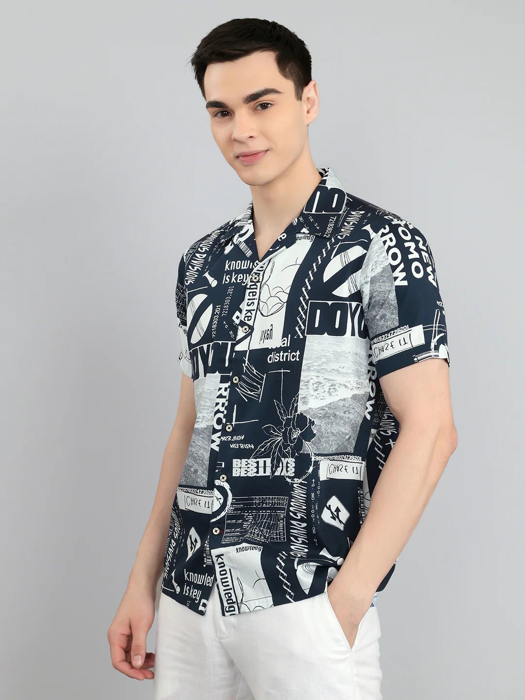 Men Navy Blue Printed Collar Half Sleeve Shirt - Image 2
