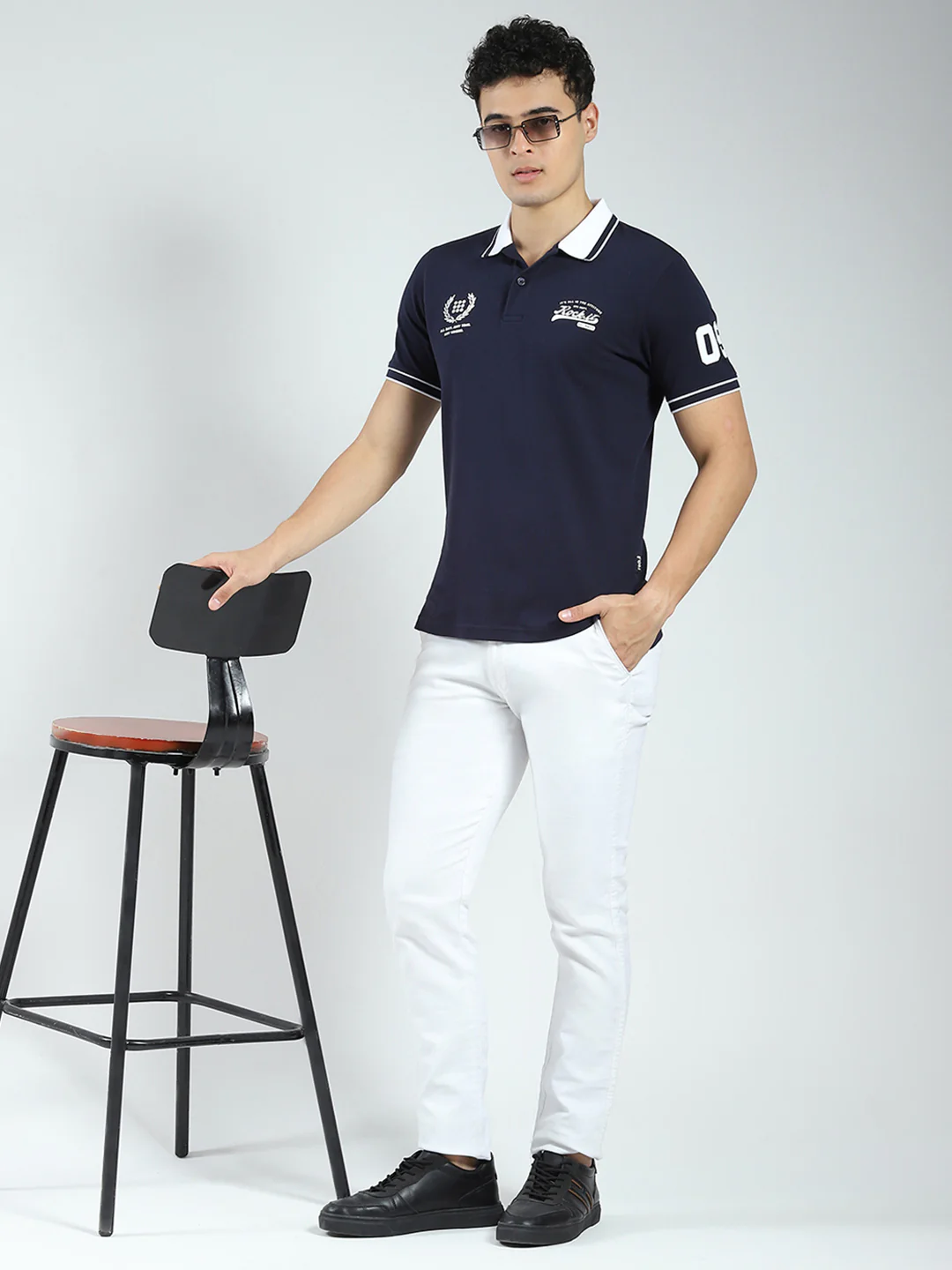 Rock.it Men Navy Blue Printed Collar Half Sleeve T-Shirt - Image 2