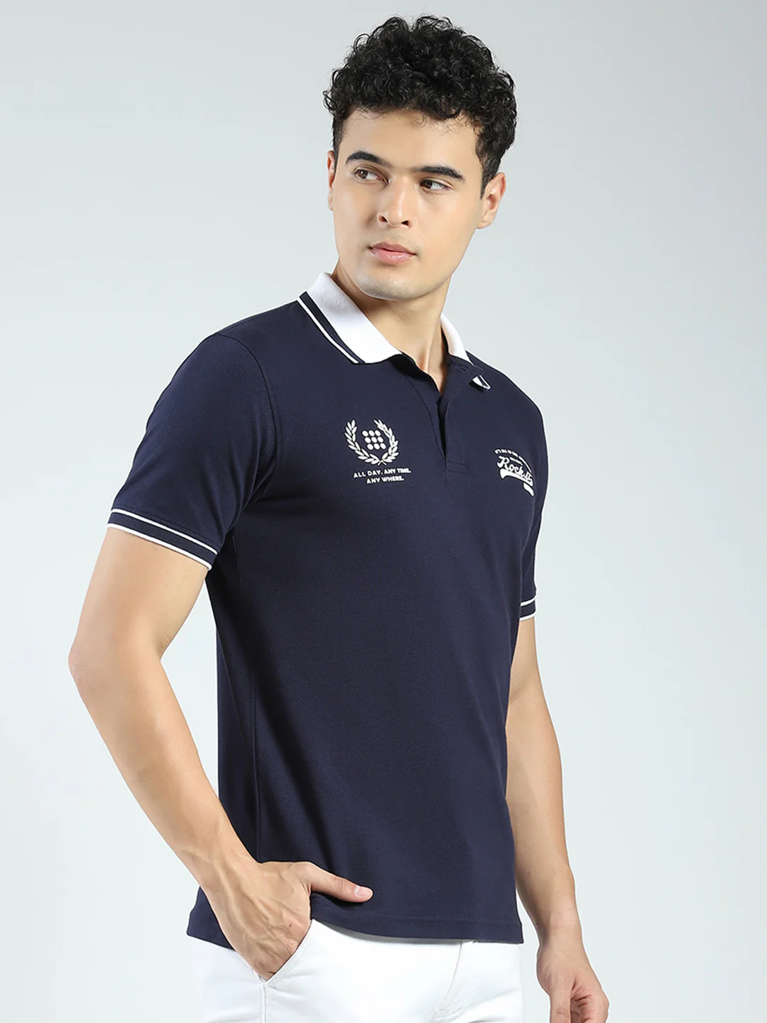 Rock.it Men Navy Blue Printed Collar Half Sleeve T-Shirt - Image 4