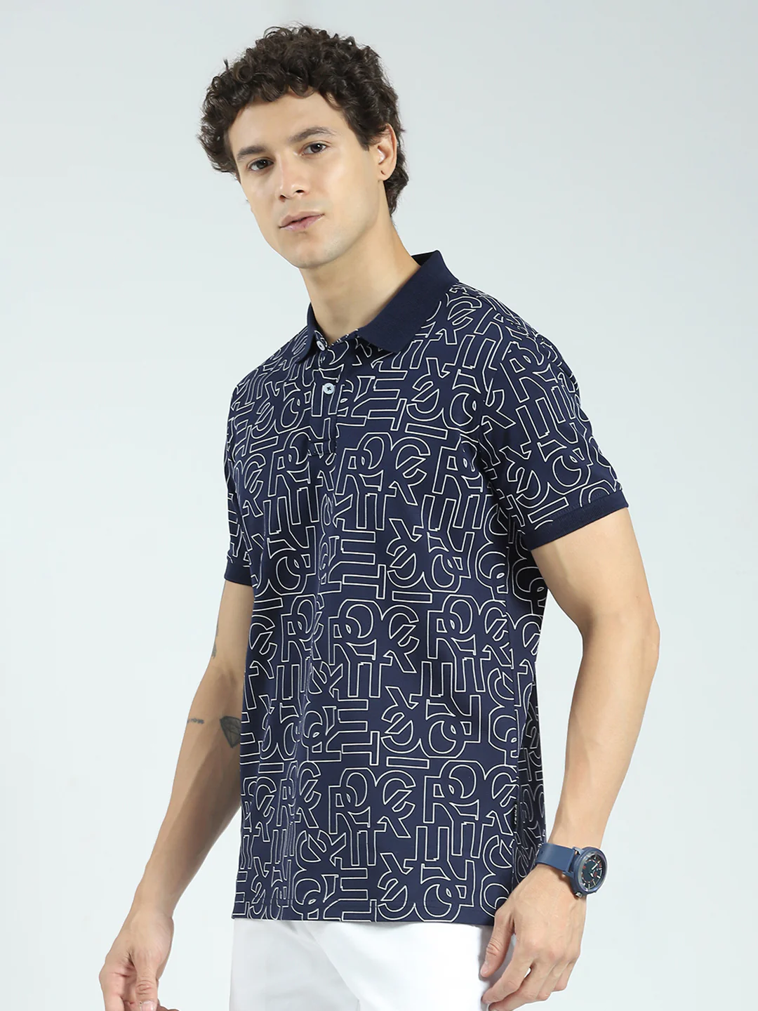 Rock.it Men Navy Blue Printed Collar Half Sleeve T-Shirt - Image 3