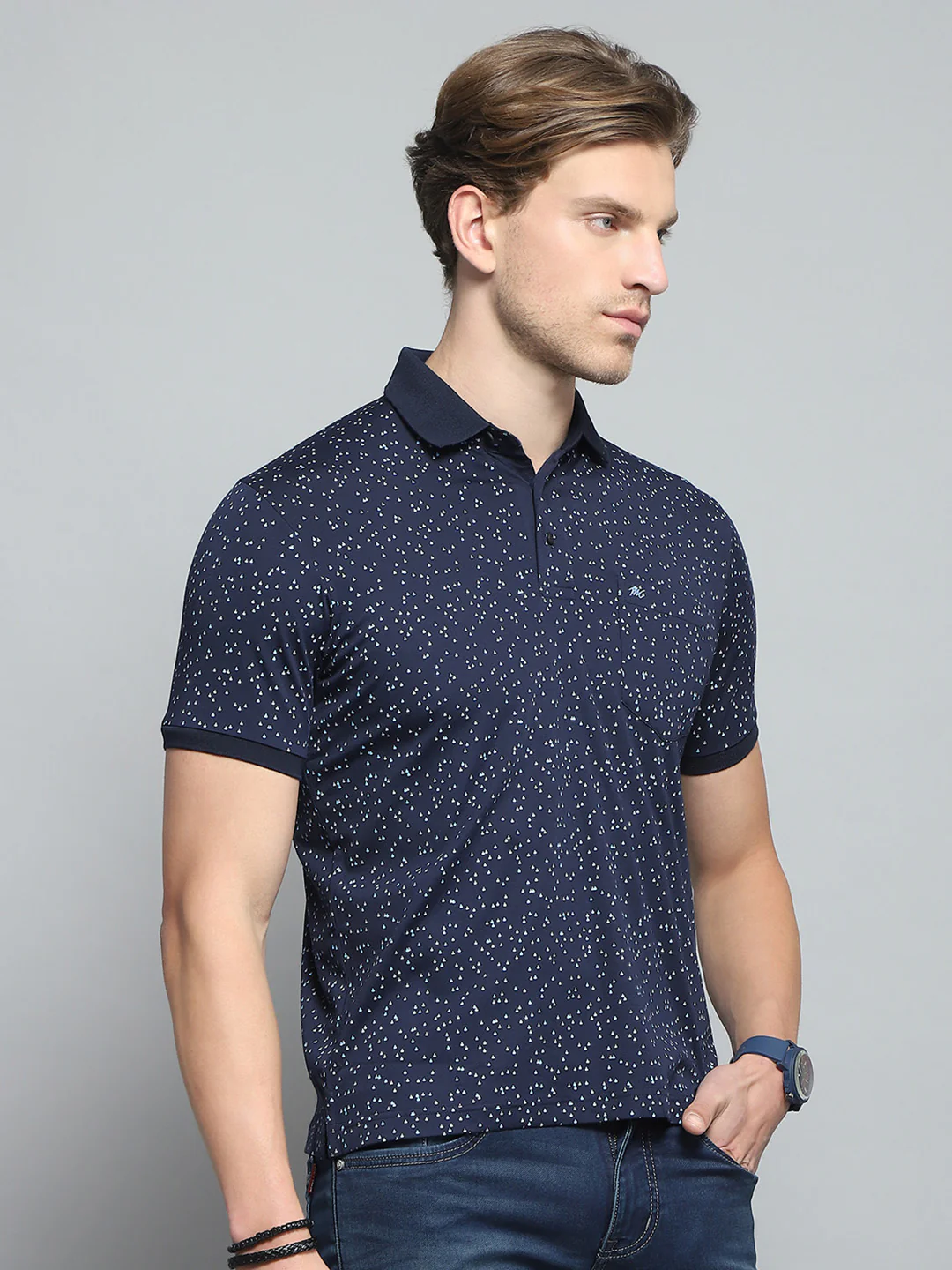 Men Navy Blue Printed Collar Half Sleeve T-Shirt - Image 4