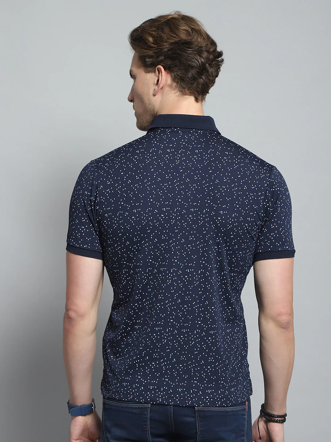 Men Navy Blue Printed Collar Half Sleeve T-Shirt - Image 5