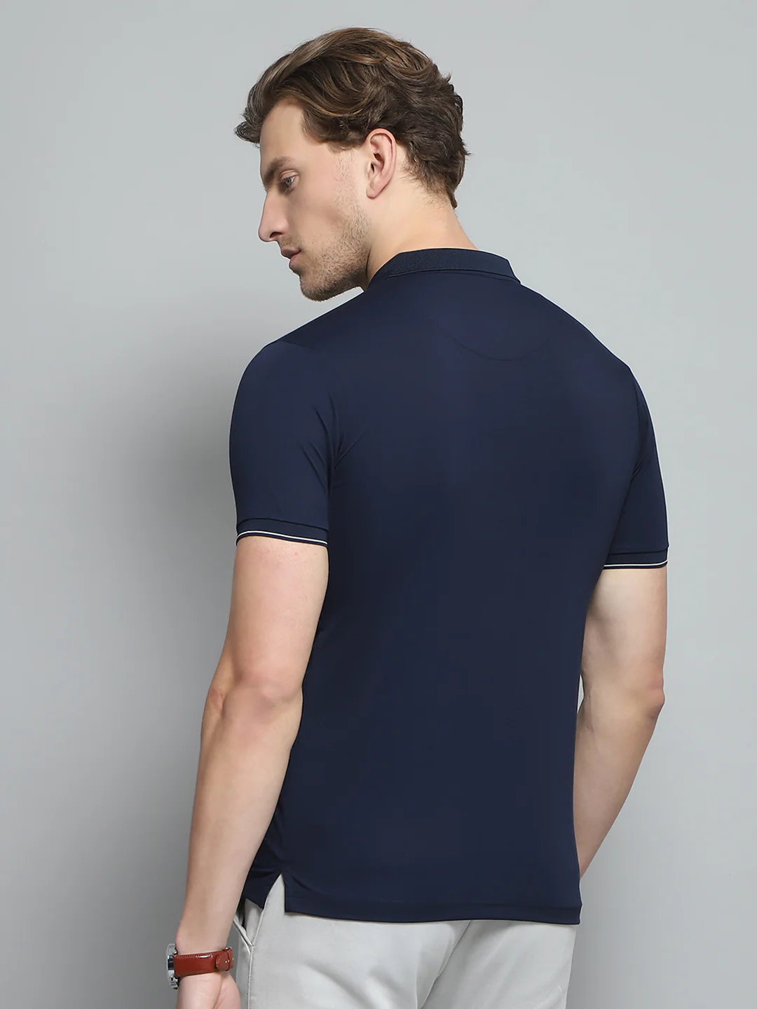 Men Navy Blue Printed Collar Half Sleeve T-Shirt - Image 5