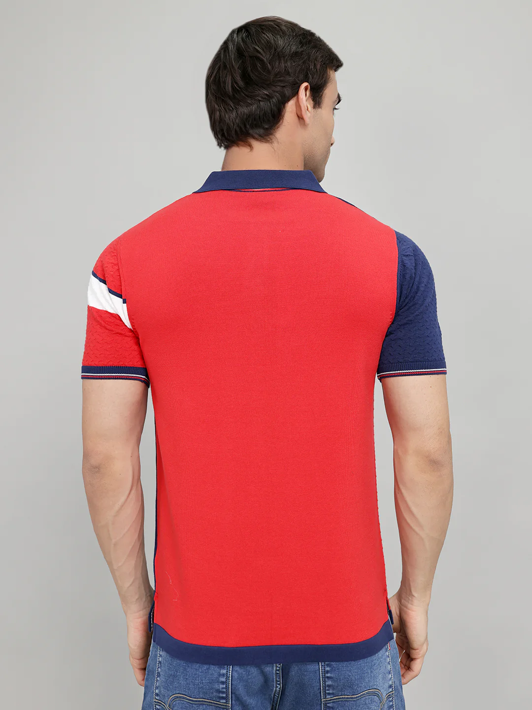 Men Navy Blue Printed Collar Half Sleeve T-Shirt - Image 4