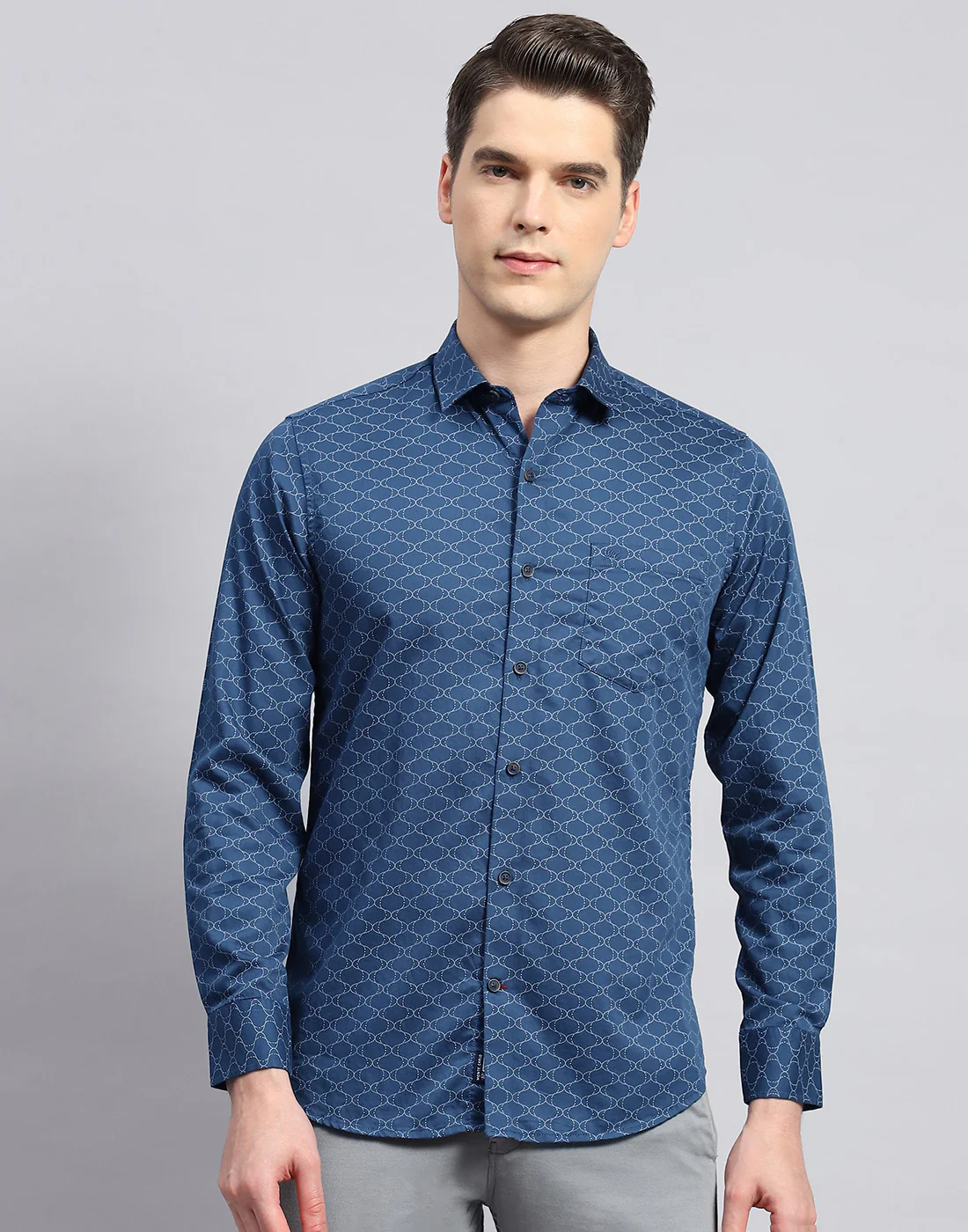 Men Navy Blue Printed Collar Neck Full Sleeve Shirt - Image 3