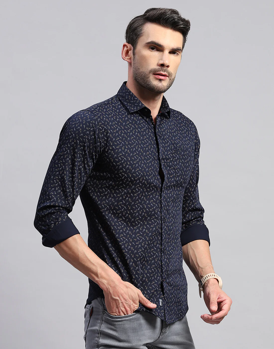 Men Navy Blue Printed Collar Neck Full Sleeve Shirt - Image 4