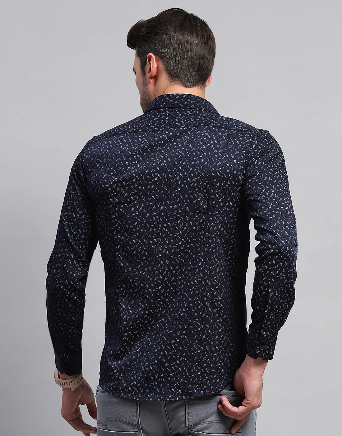 Men Navy Blue Printed Collar Neck Full Sleeve Shirt - Image 5