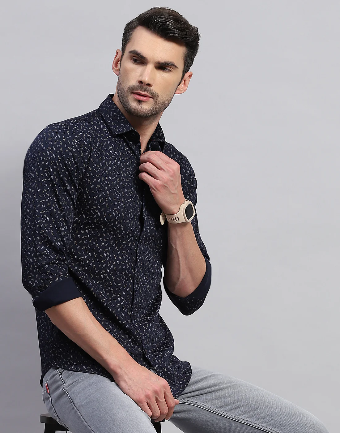 Men Navy Blue Printed Collar Neck Full Sleeve Shirt - Image 6