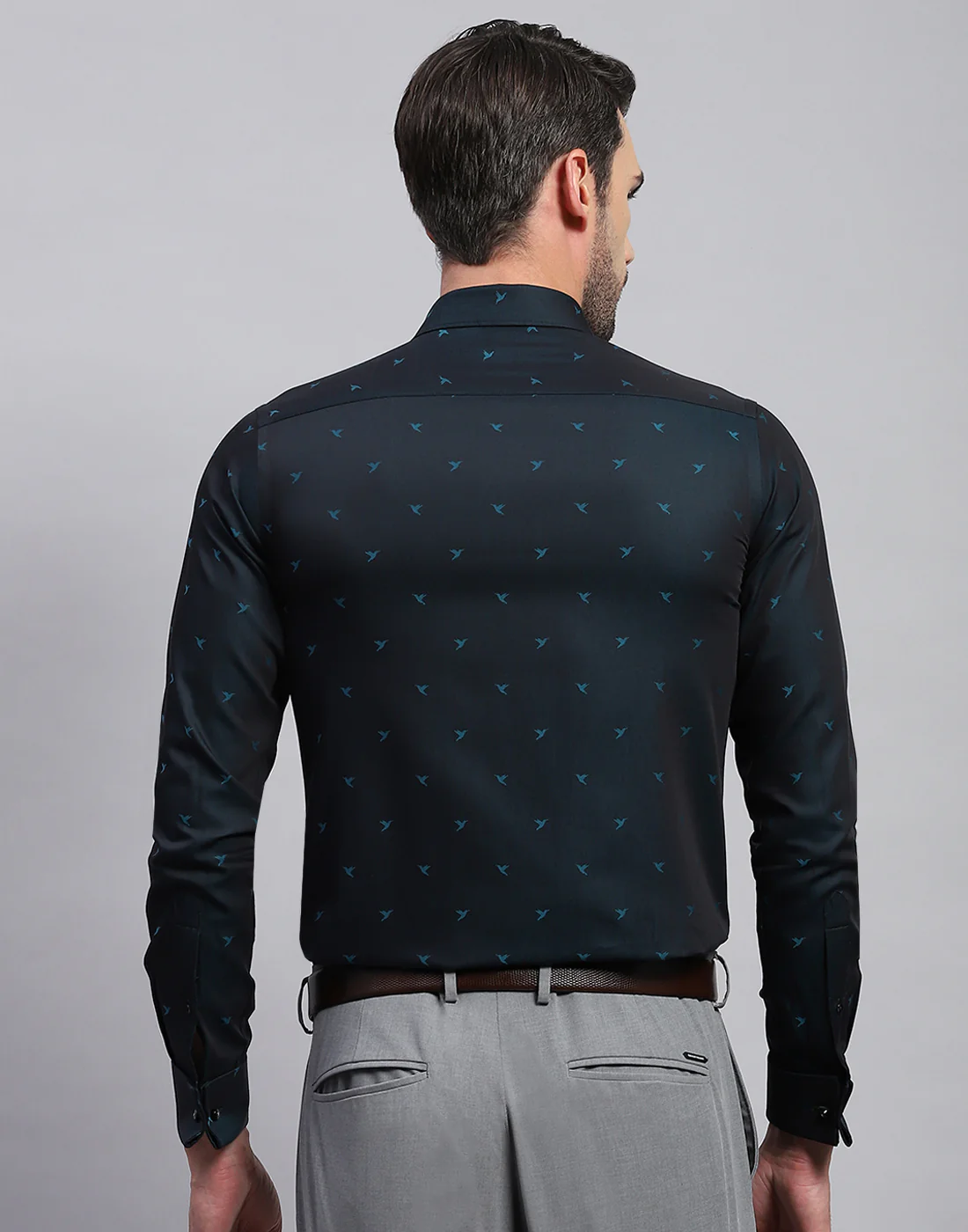 Men Navy Blue Printed Collar Neck Full Sleeve Shirt - Image 5