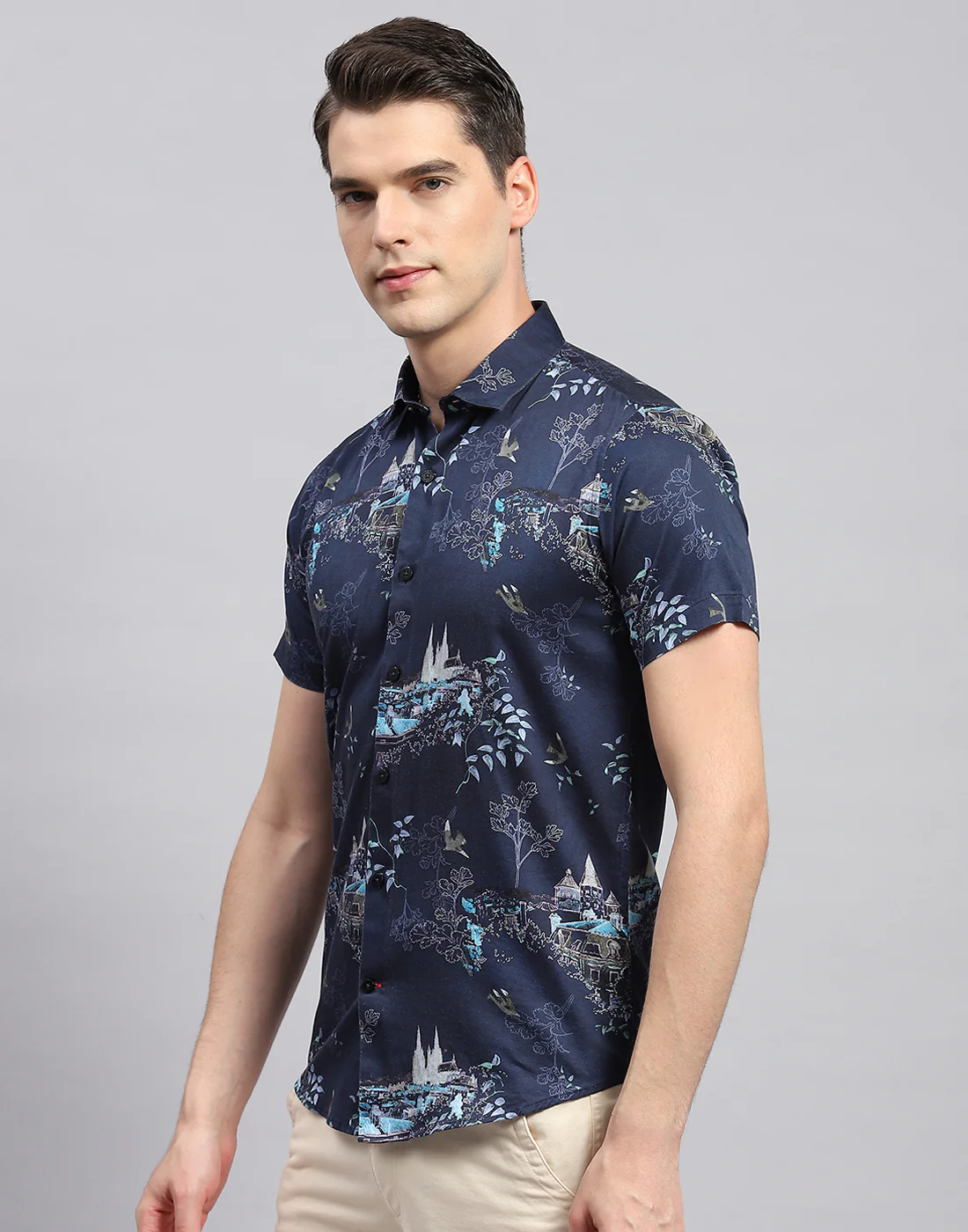 Men Navy Blue Printed Collar Neck Half Sleeve Shirt - Image 3