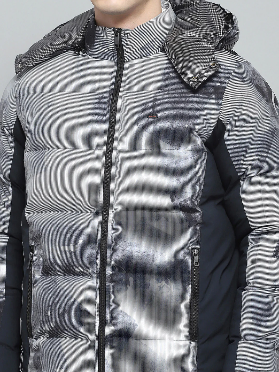 Men Navy Blue Printed Detachable Hood Full Sleeve Jacket - Image 6