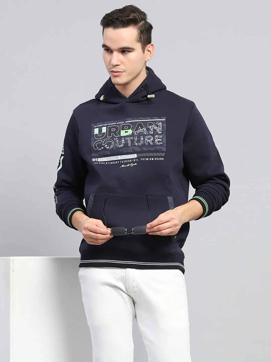 Men Navy Blue Printed Hooded Full Sleeve Sweatshirt - Image 6