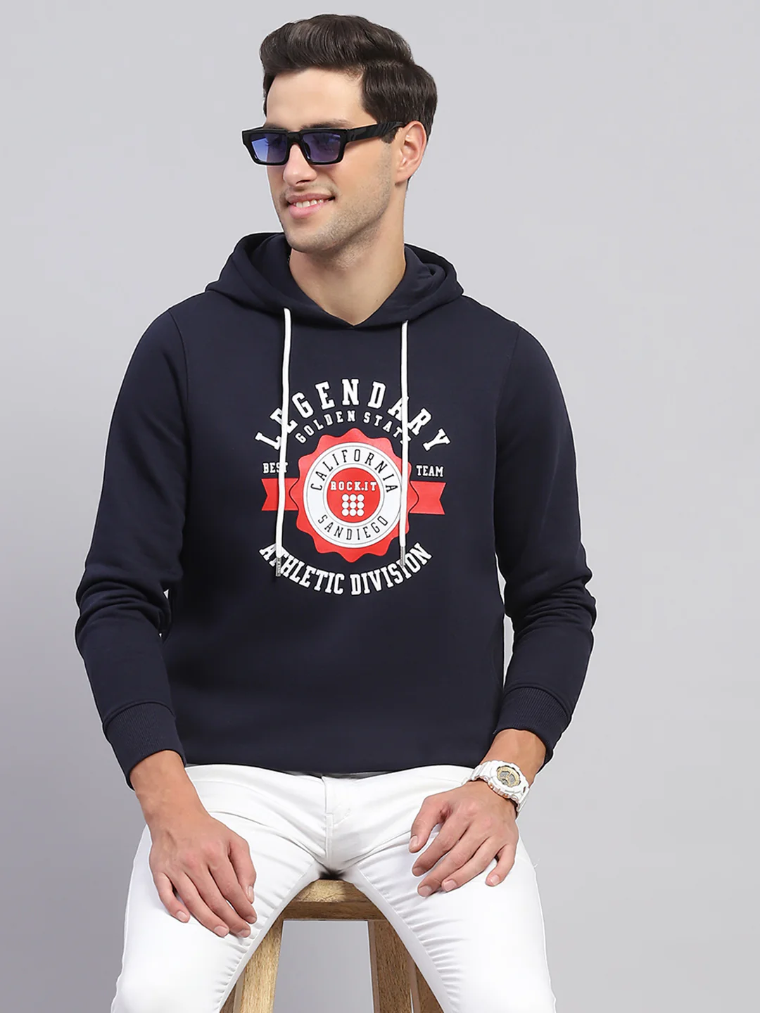 Rock.it Men Navy Blue Printed Hooded Full Sleeve Sweatshirt - Image 6